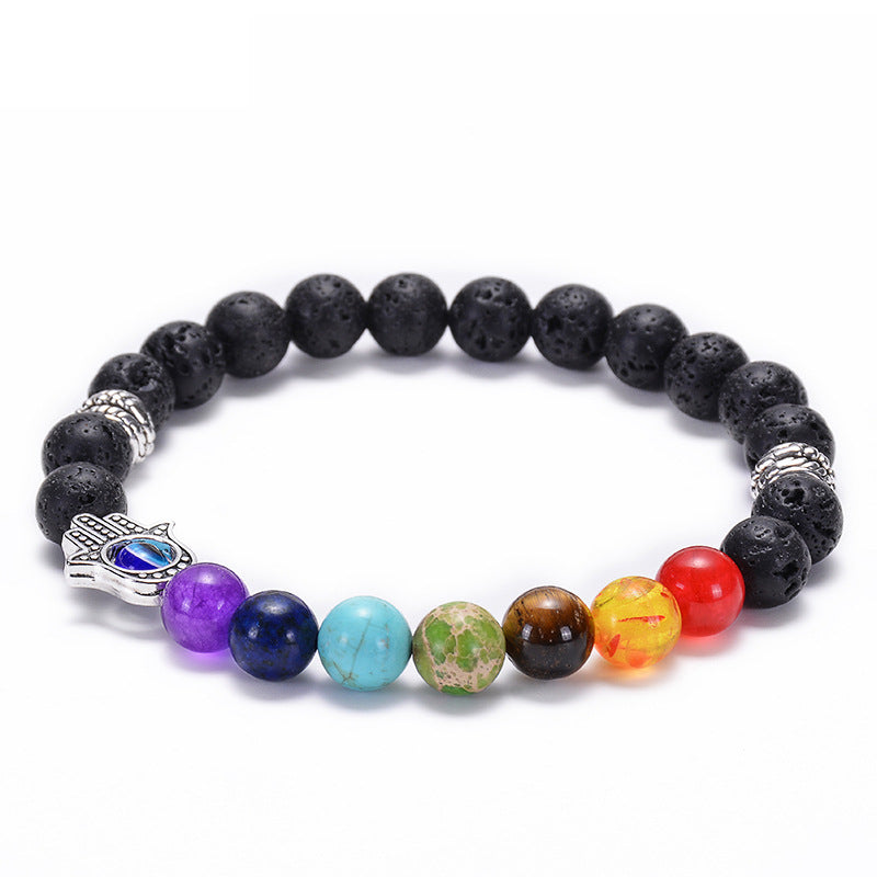 Evil Eye Fatima Palm Seven Chakra Essential Oil Volcanic Lava Beaded Bracelet