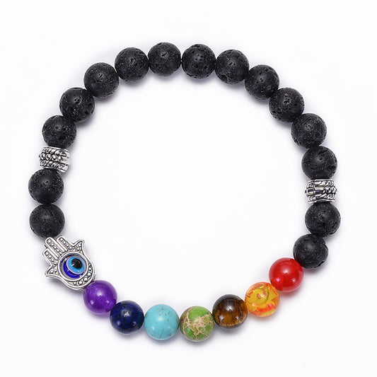 Evil Eye Fatima Palm Seven Chakra Essential Oil Volcanic Lava Beaded Bracelet