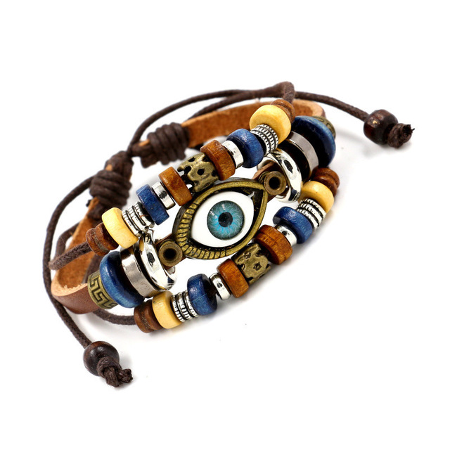 Vintage beaded evil eye leather bracelet