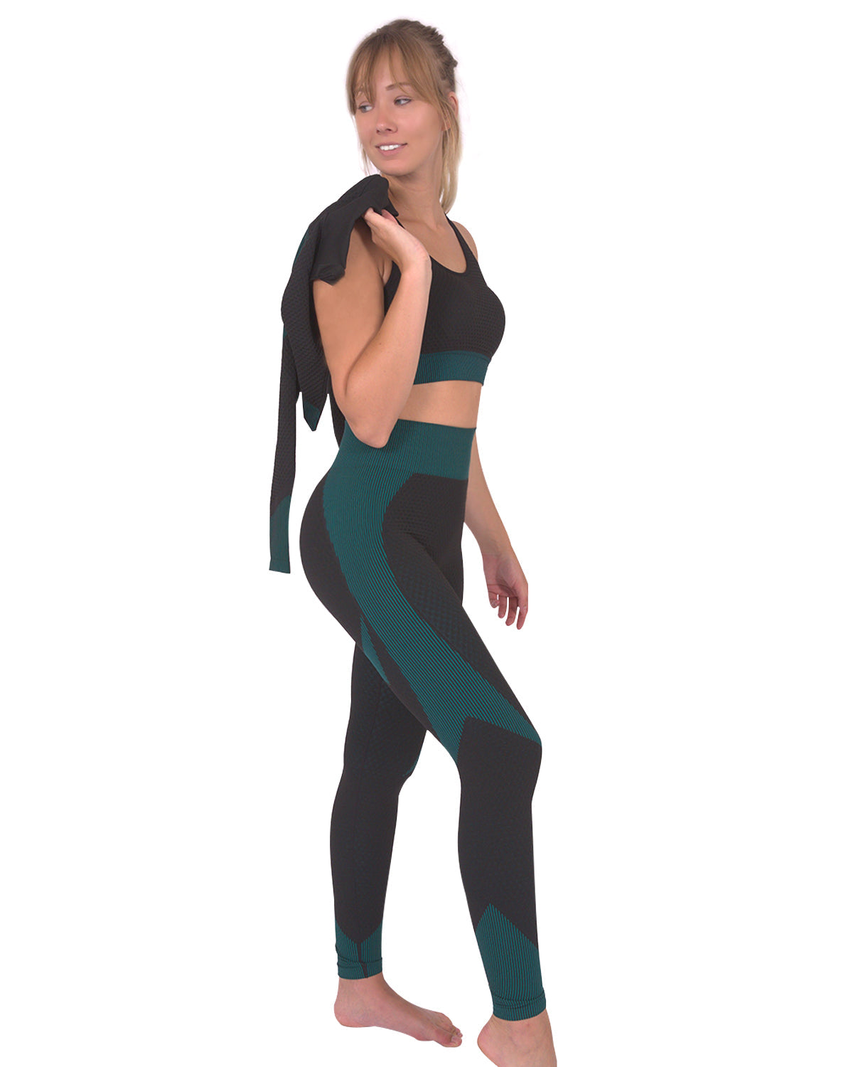 Jade Seamless Jacket, Leggings & Sports  Set - Black with Teal Blue 3pcs