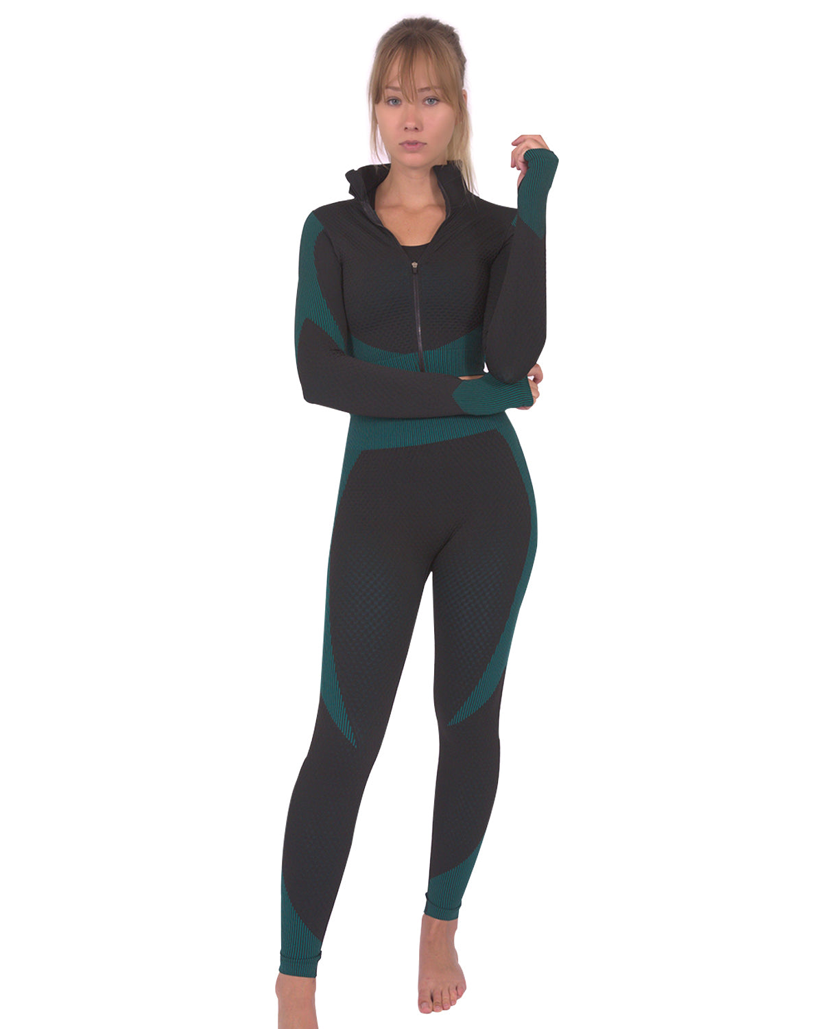 Jade Seamless Jacket, Leggings & Sports  Set - Black with Teal Blue 3pcs