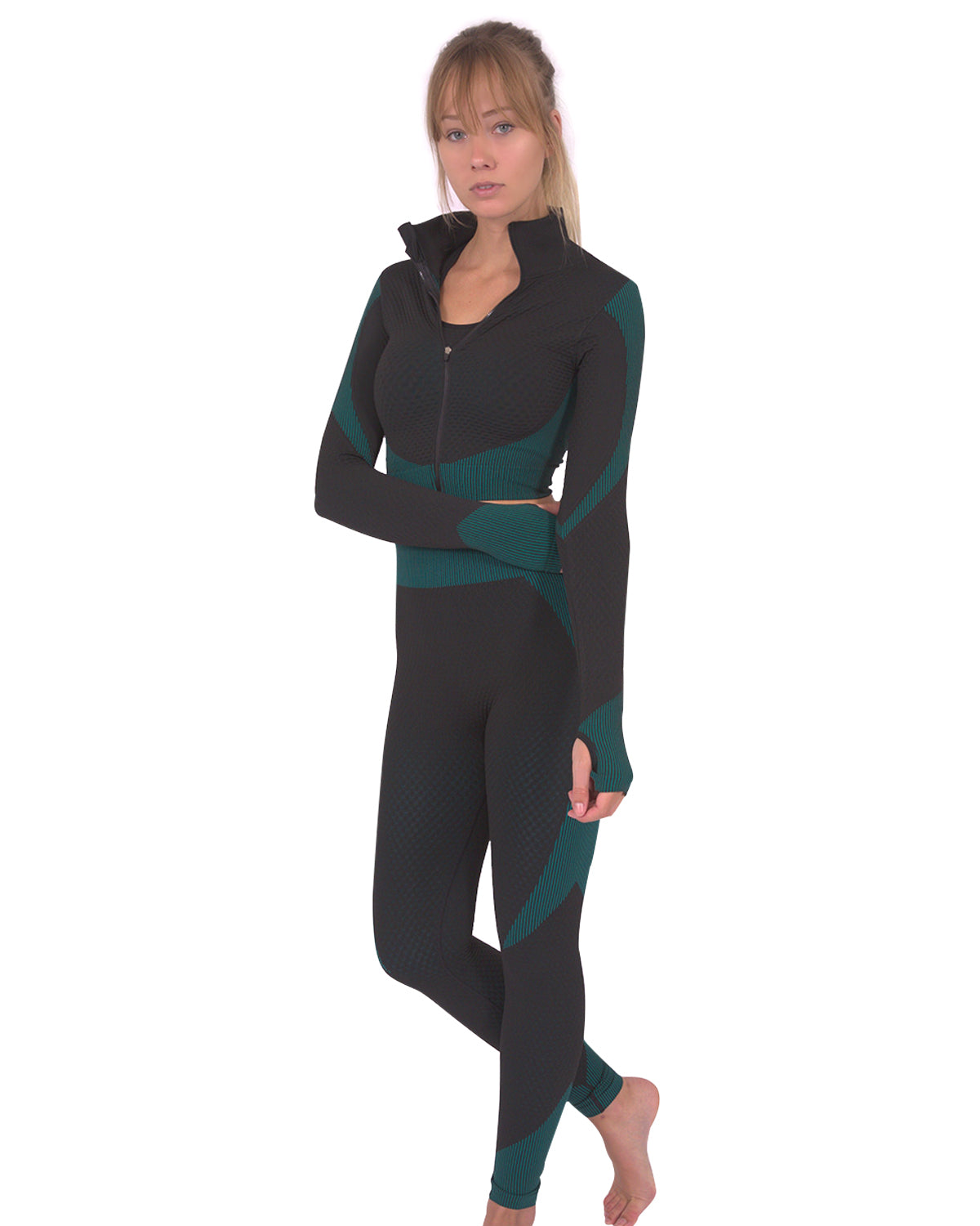 Jade Seamless Jacket, Leggings & Sports  Set - Black with Teal Blue 3pcs