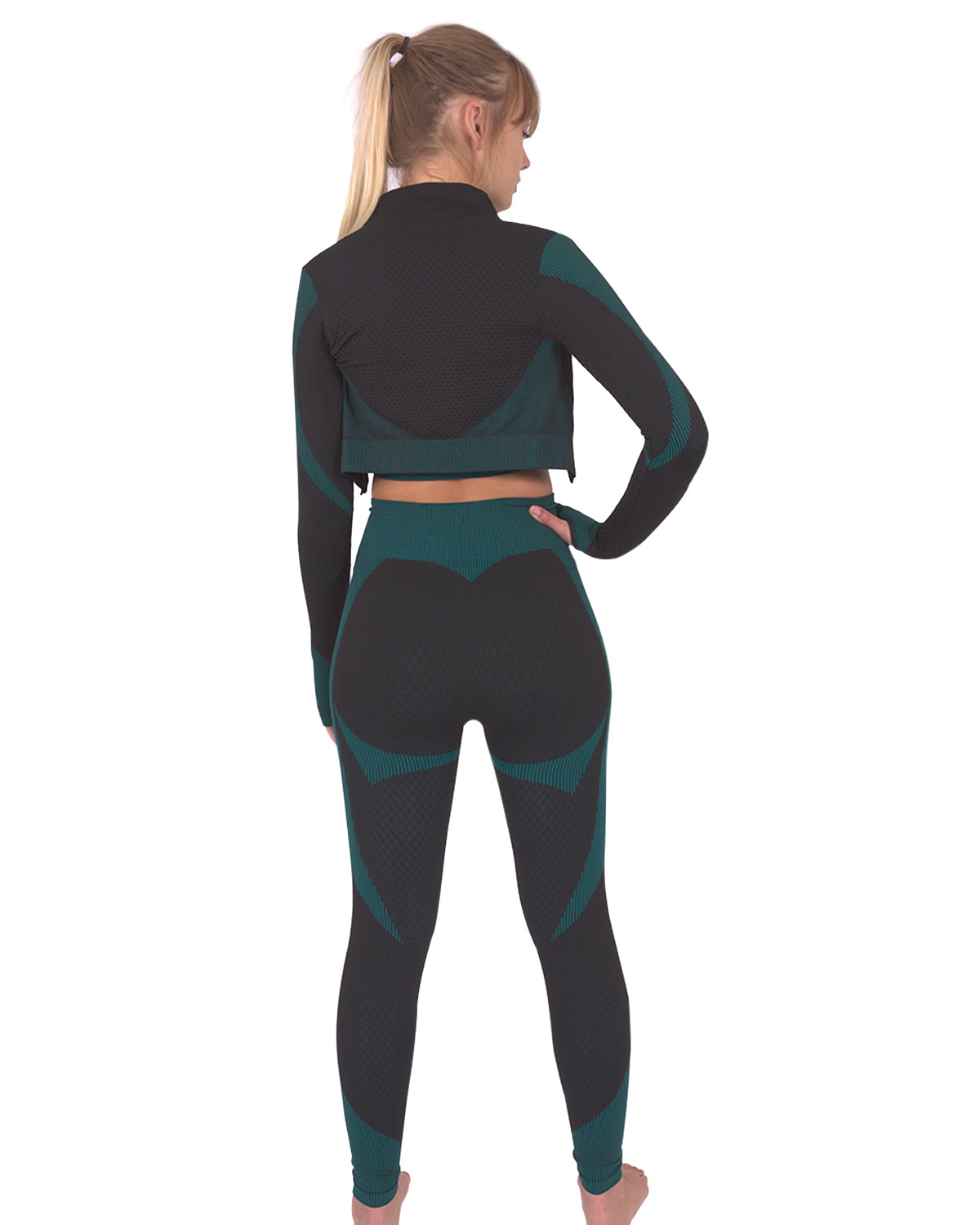 Jade Seamless Jacket, Leggings & Sports  Set - Black with Teal Blue 3pcs