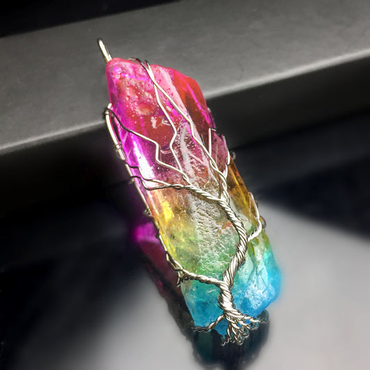 Natural Stone Charms Pendants 7 Chakra Rainbow Quartz Tree of Life Reiki Healing Pendant Pendulum Necklace ( Unisex )