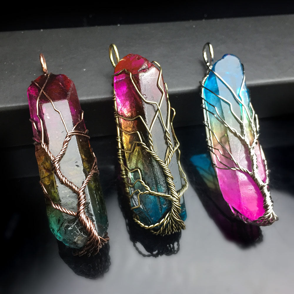 Natural Stone Charms Pendants 7 Chakra Rainbow Quartz Tree of Life Reiki Healing Pendant Pendulum Necklace ( Unisex )